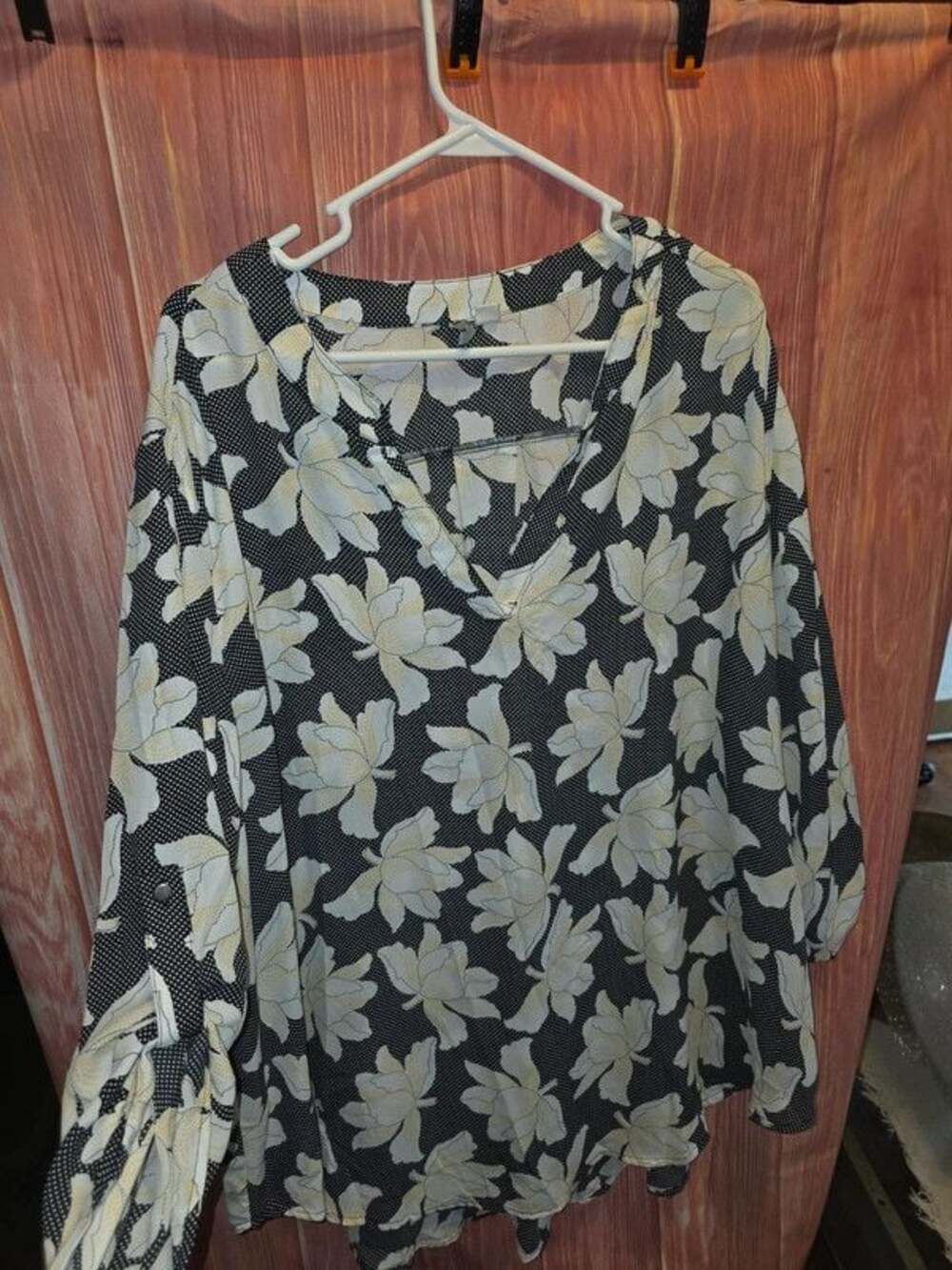 EST. 1946 3X Floral Polka Dot Chiffon Blouse Black White Yellow Roll Tab Sleeve